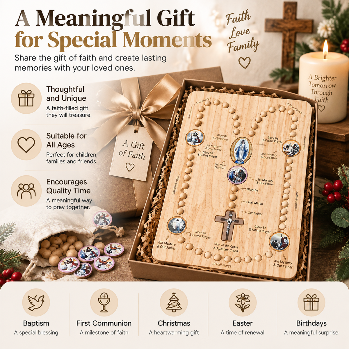 ๐จโ๐ฉโ๐ง FAMILY ROSARY PRAYER KIT | Wooden Prayer Board for Children & Adults with Beads and Guided Prayer Path