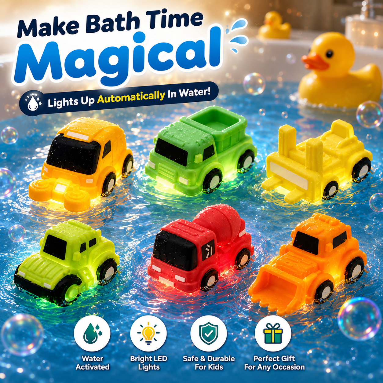 🚗 6PCS Water-Activated Light-Up Bath Toy Cars – Traffic & Construction Vehicles for Kids