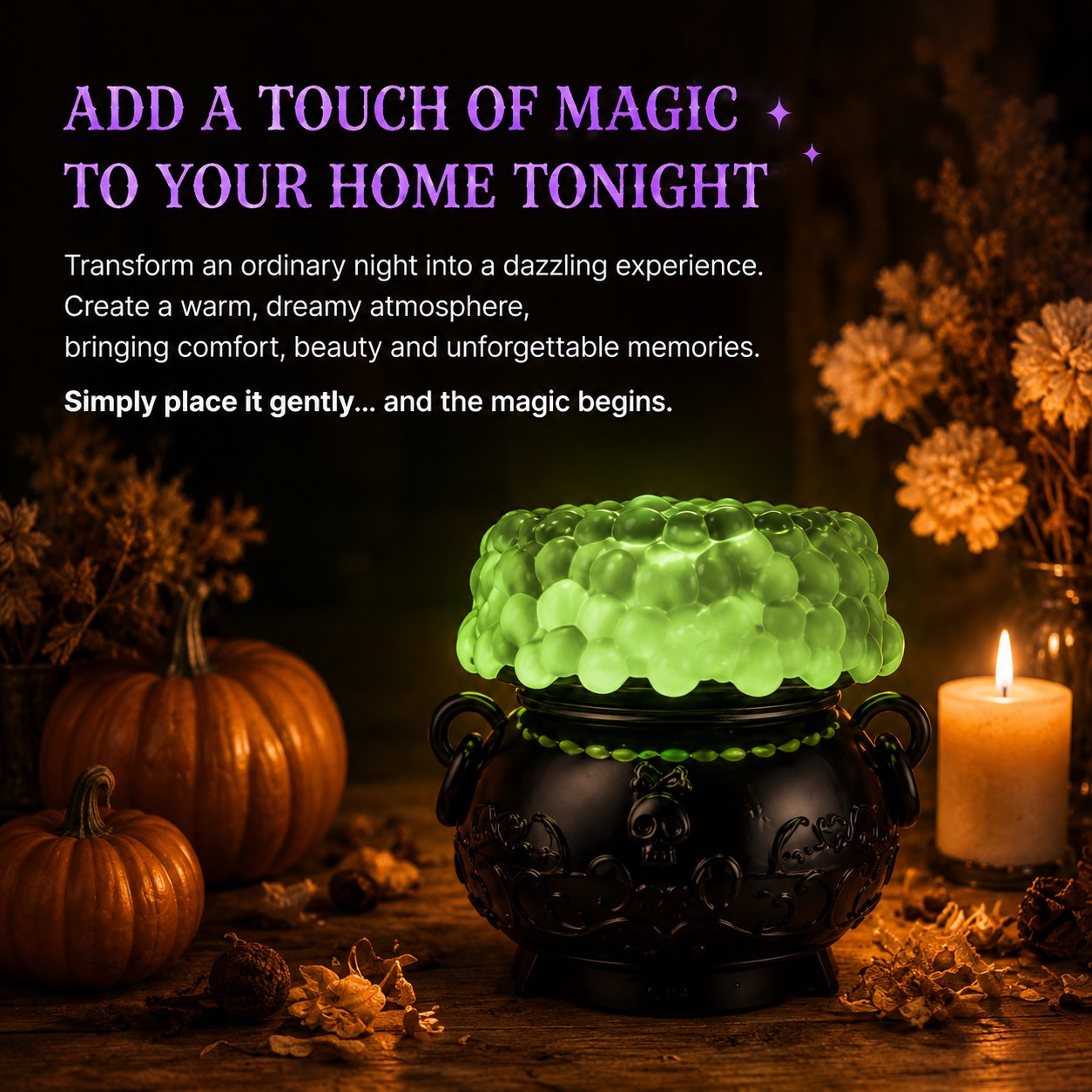 👻✨Light-up Color-changing Cauldron Waterglobe 3-Wick Candle Holder