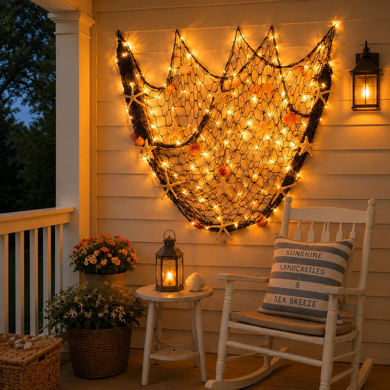 đ⨠Coastal Fishing Net Wall Hanging with Fairy Lights