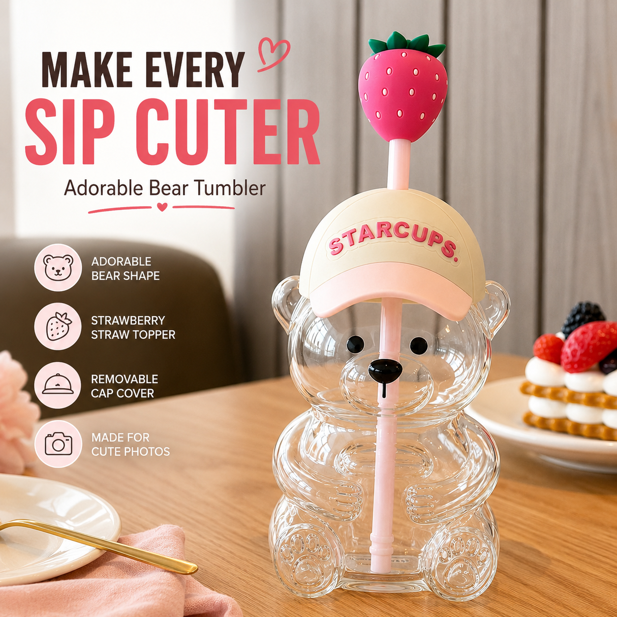 2026 New Cute Beaar Glass Tumbler with Bear Lid & Strawberry Straw, Holiday Teddy Bear Cup,20oz Reusable Aesthetic Teddy Bear Cup for Iced Coffee, Boba Milk Tea, Matcha, Juice, Smoothies & Cold Drinks, Dishwasher Safe