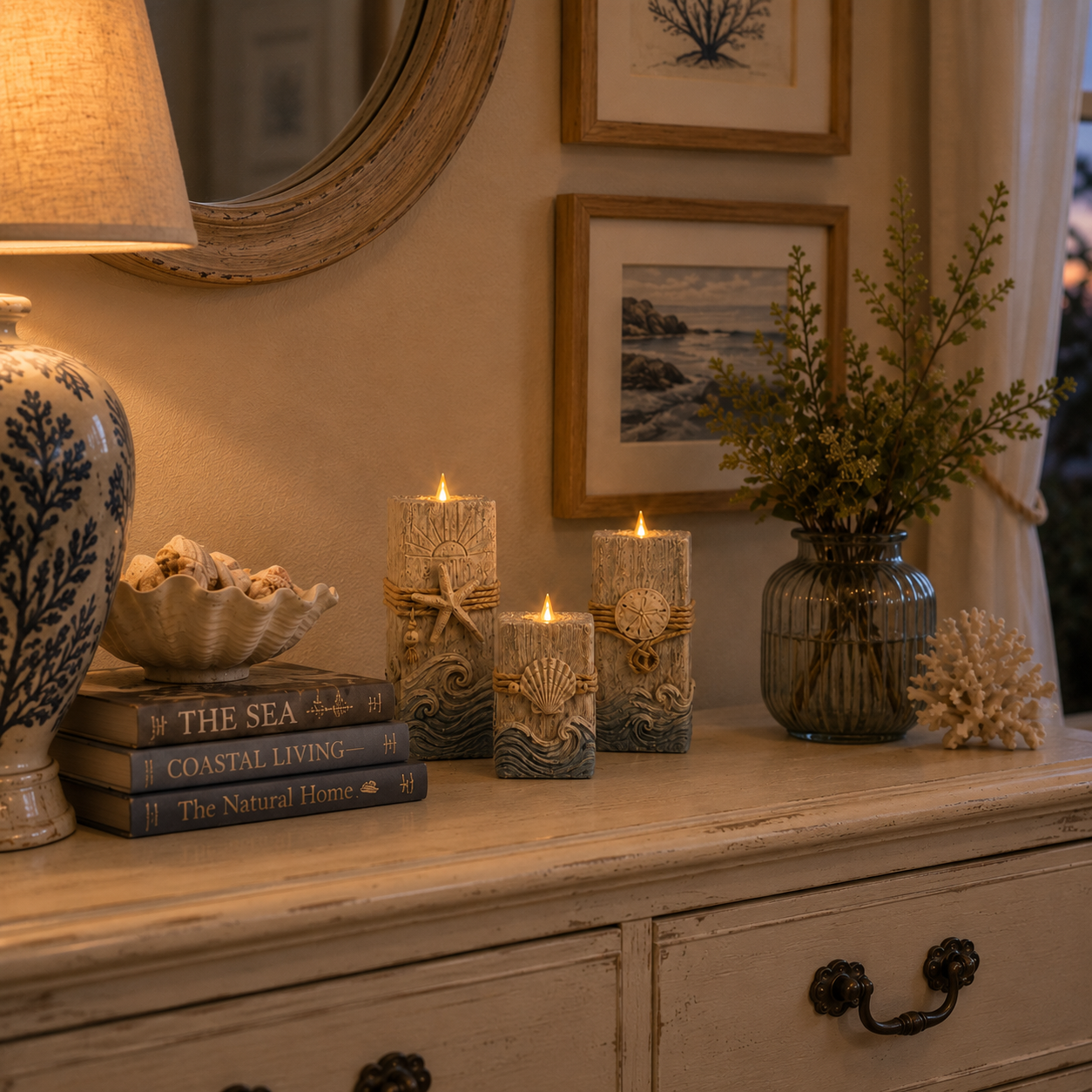 Vintage Wooden Coastal Seashell LED Candle Decor