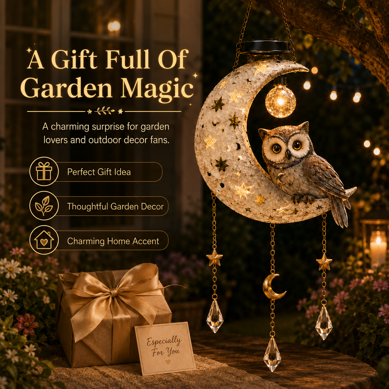 Solar Owl Moon Garden Light