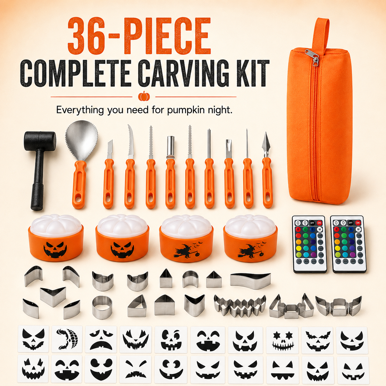 🎃 36-Piece Pumpkin Carving Kit with 16-Color LED Lights