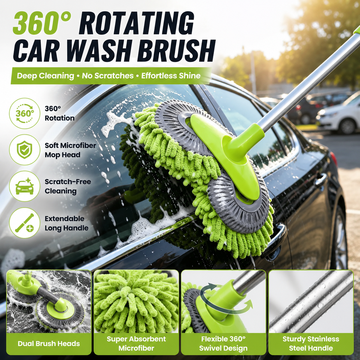 đ43'' Long Handle Car Wash Mop, 3X Fast Clean, Retractable Aluminum Alloy Pole