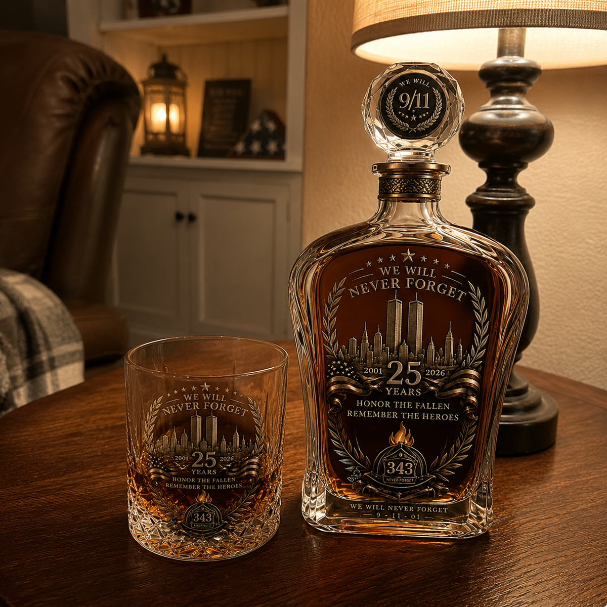 🕯️ 9/11 25th Anniversary Memorial Whiskey Decanter & Glass Gift Set – We Will Never Forget 343 Heroes Tribute
