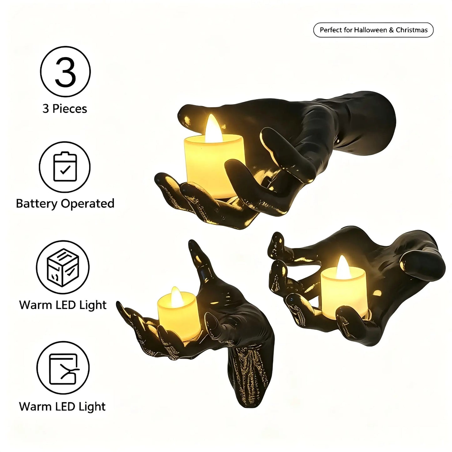 Halloween Decorations, Pack of 3 Wall Mounted Creepy Reaching Hands with Lighted Candles, Life-Sized Horror Hands for Gothic Wall Decorations, Scary Halloween Decorations IndoorEaster