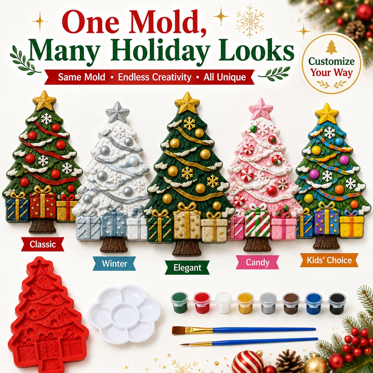 🎄 DIY Christmas Mold & Paint Craft Kit | Reusable 3D Mold with 8 Acrylic Paints, 2 Brushes & Festive Detail Guide 🎨✨