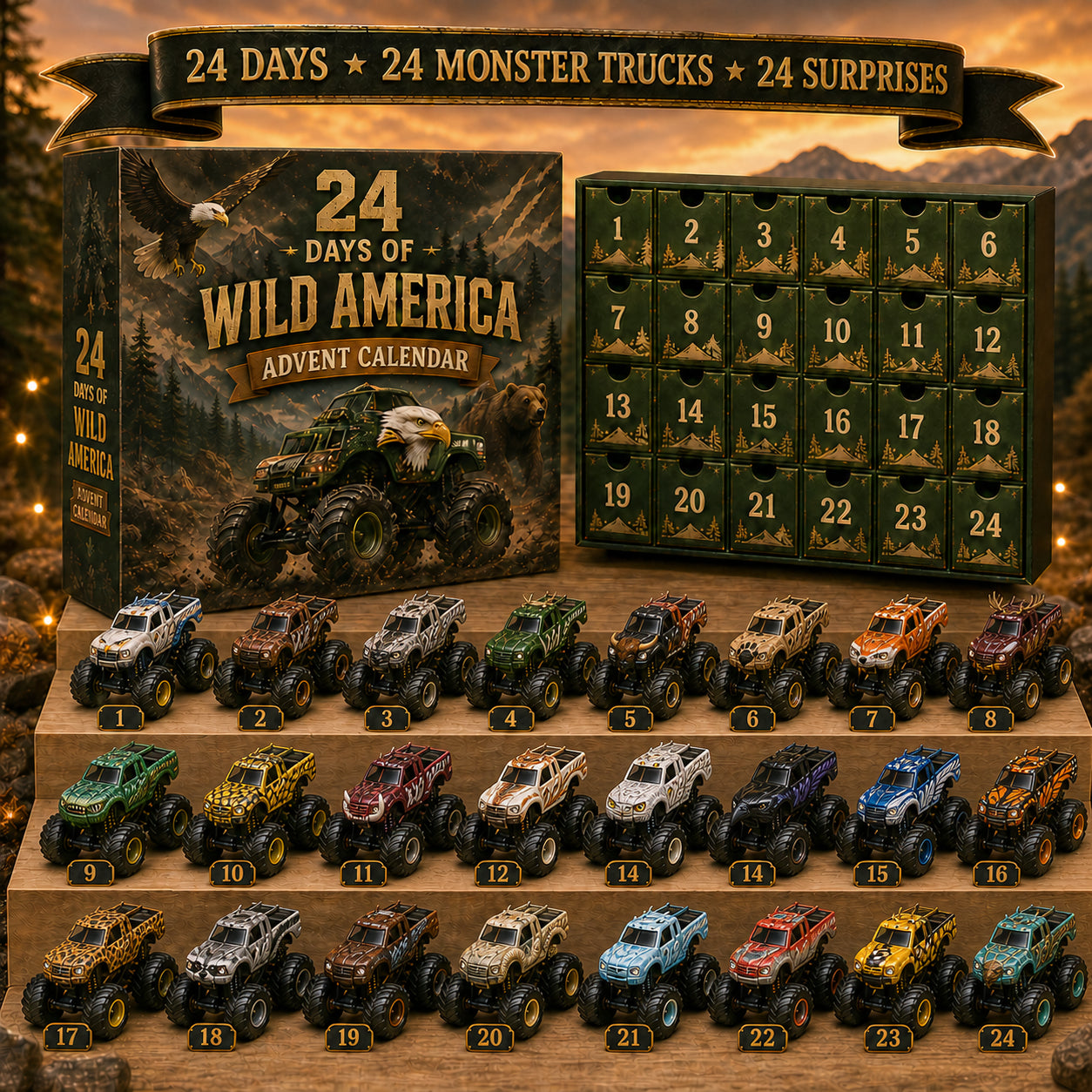 🔥49% Off Last Day -24 Days of Wild America Monster Truck Advent Calendar – 24 Collectible Trucks