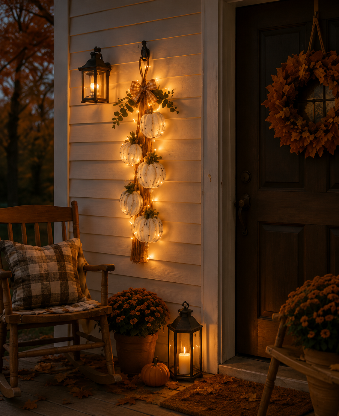 ๐ฅBUY 2 SAVE 15% -๐ Rustic White Pumpkin Hanging Swag โ 5-Pumpkin Fall Door & Wall Decoration for Farmhouse Autumn Decor