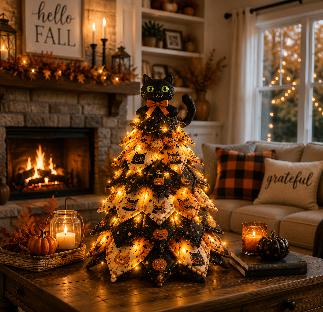 🎃✨ Lighted Halloween Quilted Fabric Tree – Cozy Handmade Glow Decoration