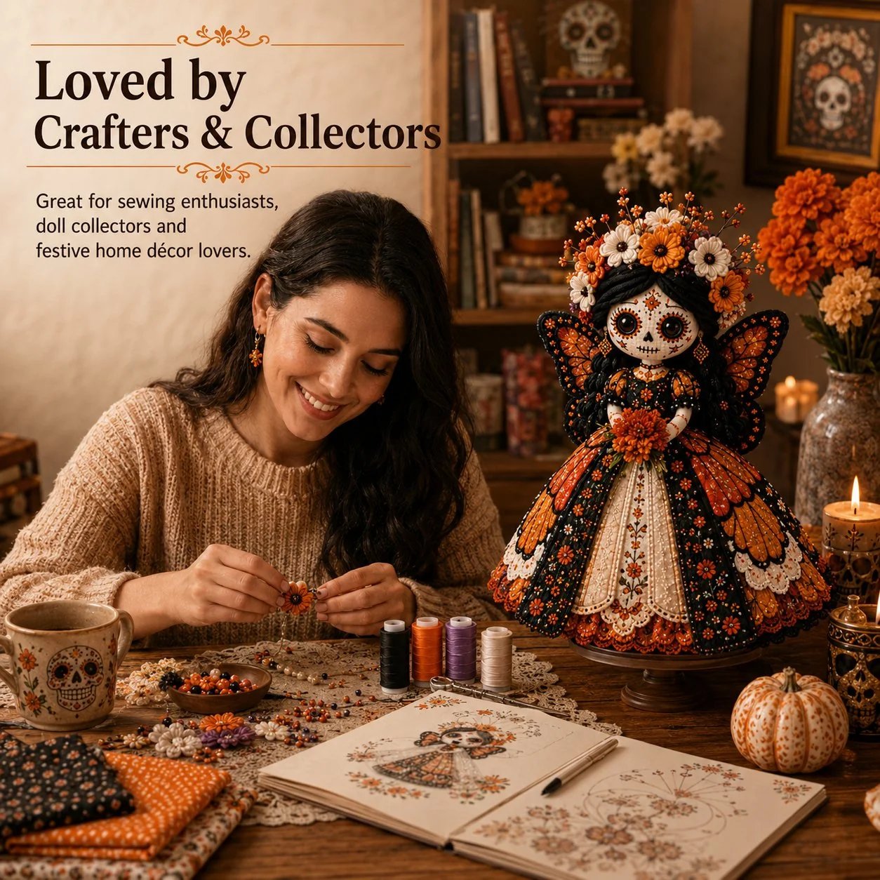 ๐ Day of the Dead Patchwork Doll DIY Sewing Kit โ Handmade Fabric Doll Making Kit with Floral Details