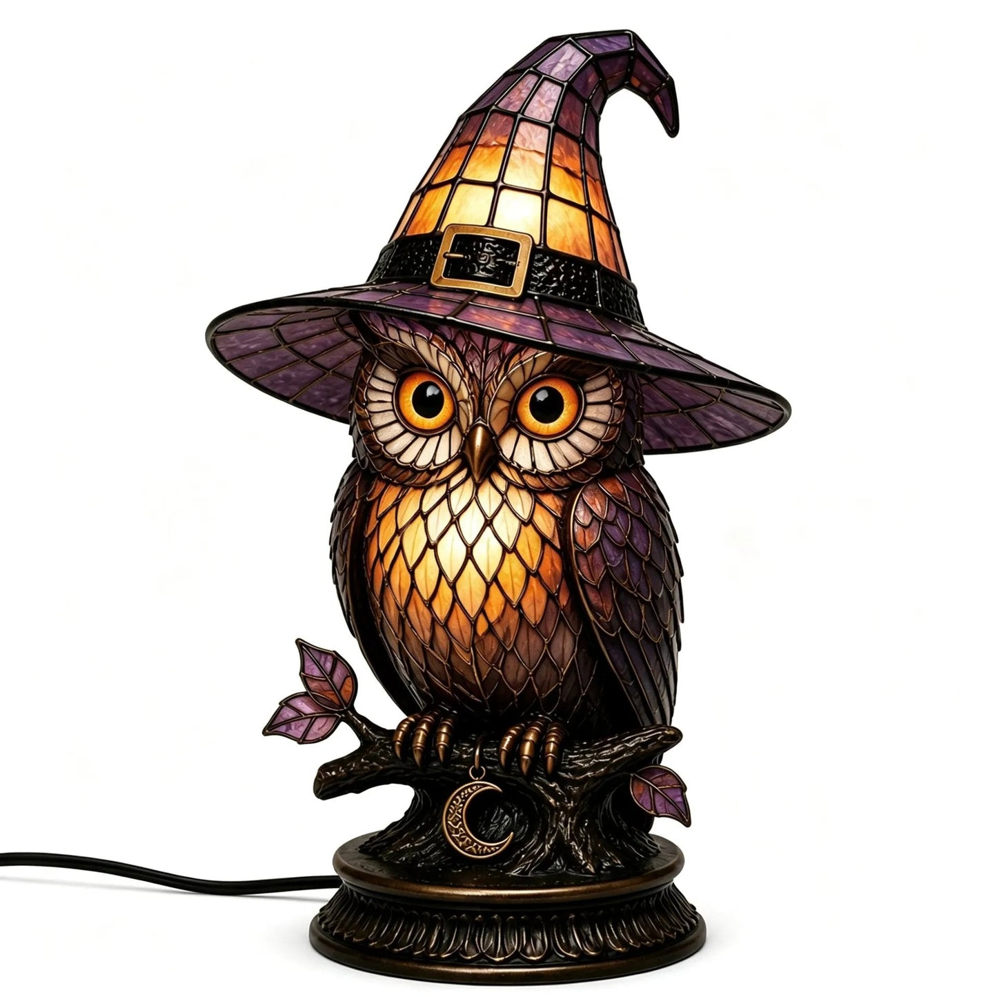đ Gothic Stained Glass Witch Black Cat Table Lamp | Halloween Witch Hat Night Light Decor