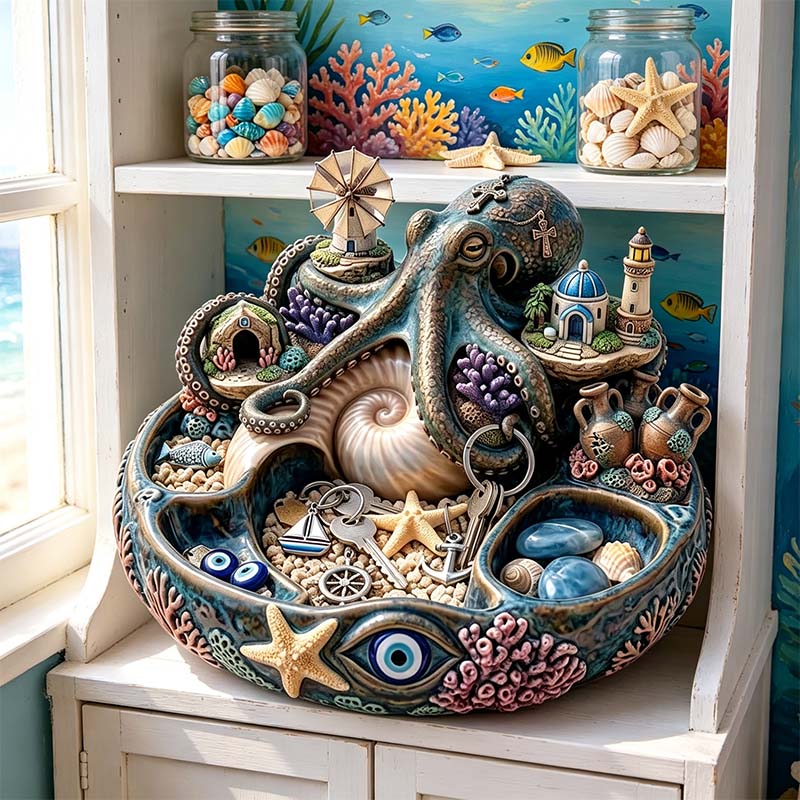 Deep Sea Santorini: Octopus Guardian Mythological Trinket Bowl with Evil Eye Protection