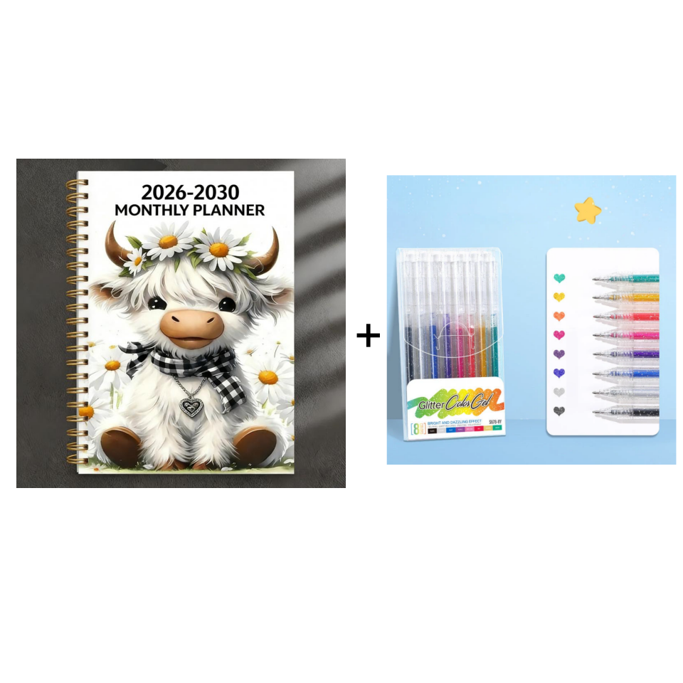 🐮 2026-2030 Calendar 📅 - From January 2026 to December 2030, 5-year calendar, cartoon Highland cow themed cover design, annual calendar planning, month labels, 60-month calendar