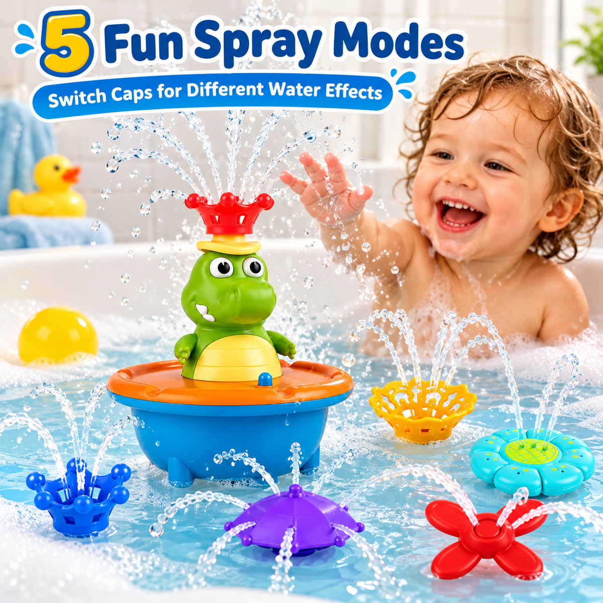 💦 Crocodile Bath Toy for Toddlers, Light Up Fountain with 5 Spray Modes