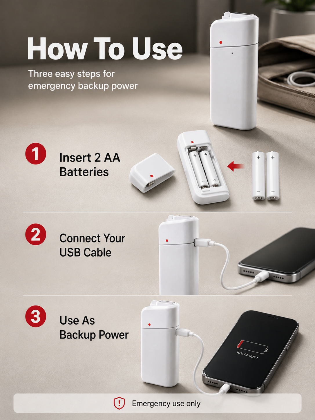 🔋 Emergency Phone Charger – AA Battery Powered USB Backup with LED Flashlight