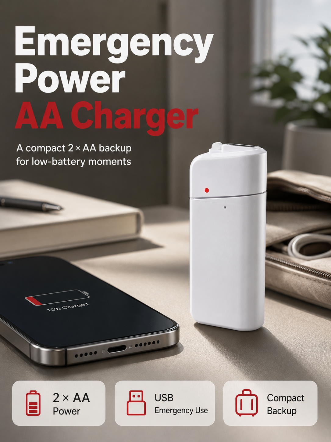 🔋 Emergency Phone Charger – AA Battery Powered USB Backup with LED Flashlight