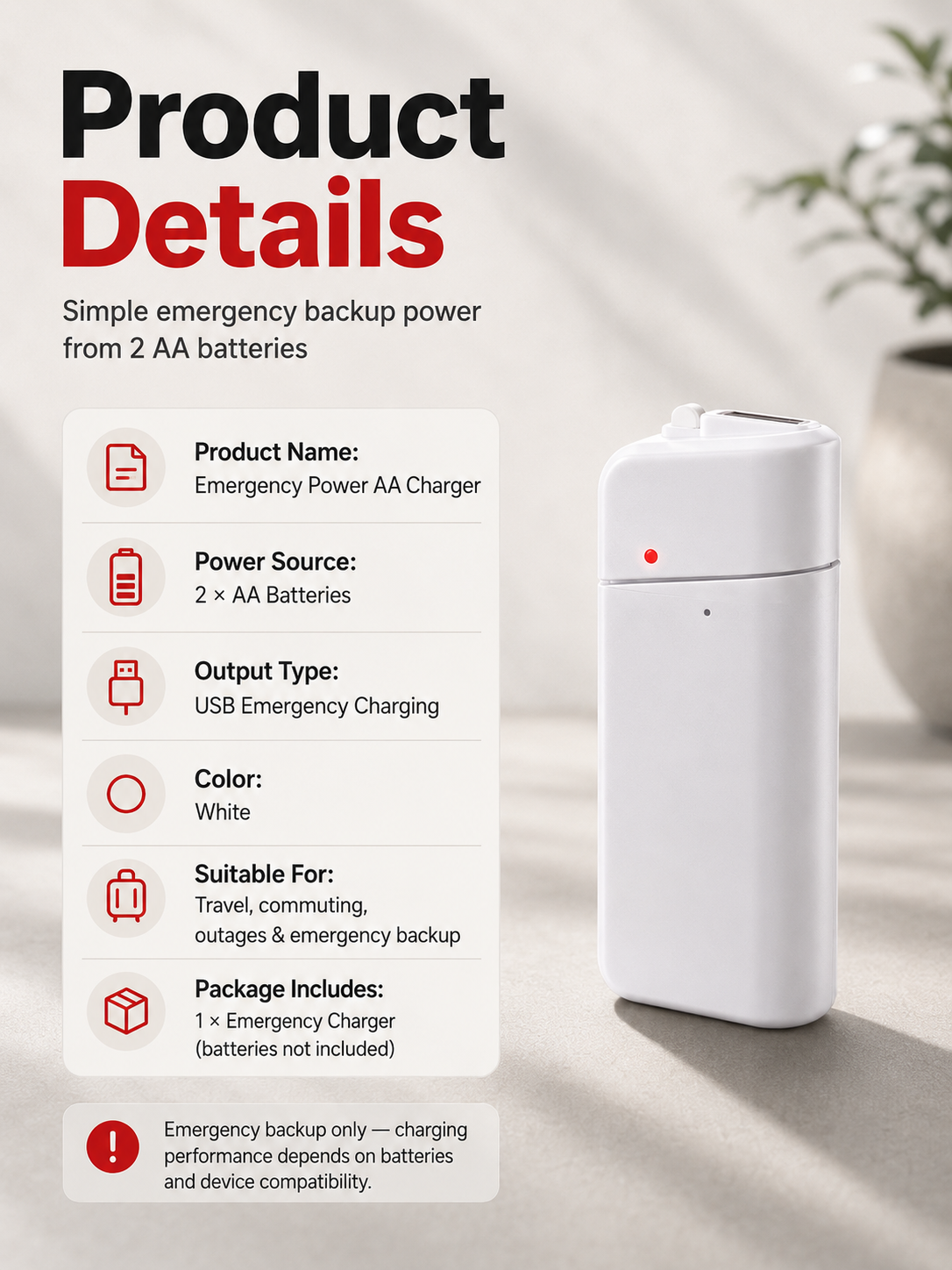 Portable Emergency Phone Charger AA Battery Powered Power Bank with LED Flashlight