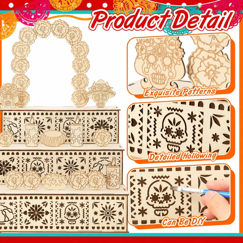 Day of the Dead Wooden Altar Display Set — 3-Tier Ofrenda Centerpiece (Buy 2, Free Shipping)