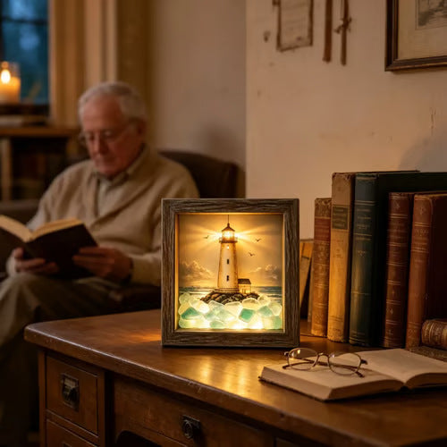 ⭐ Coastal Lighthouse Sea Glass Shadow Box Light | Nautical Wooden Frame LED Night Lamp