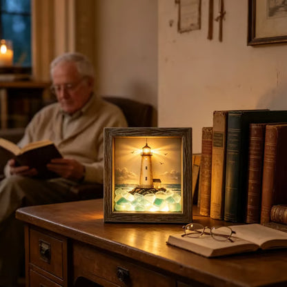 ⭐ Coastal Lighthouse Sea Glass Shadow Box Light | Nautical Wooden Frame LED Night Lamp