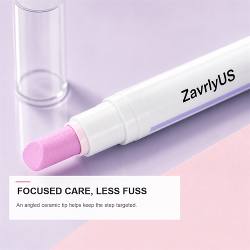 Close view of the pink angled ceramic tip on the ZavrlyUS cuticle care pen