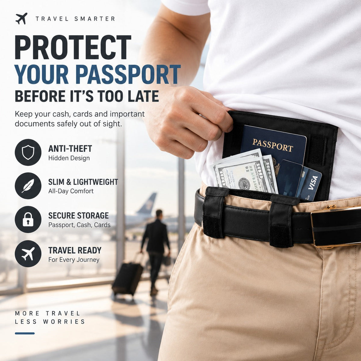 ✈️ Hidden Anti-Theft Passport Pouch – Slim Travel Security Belt Wallet for Cash, Cards & Documents