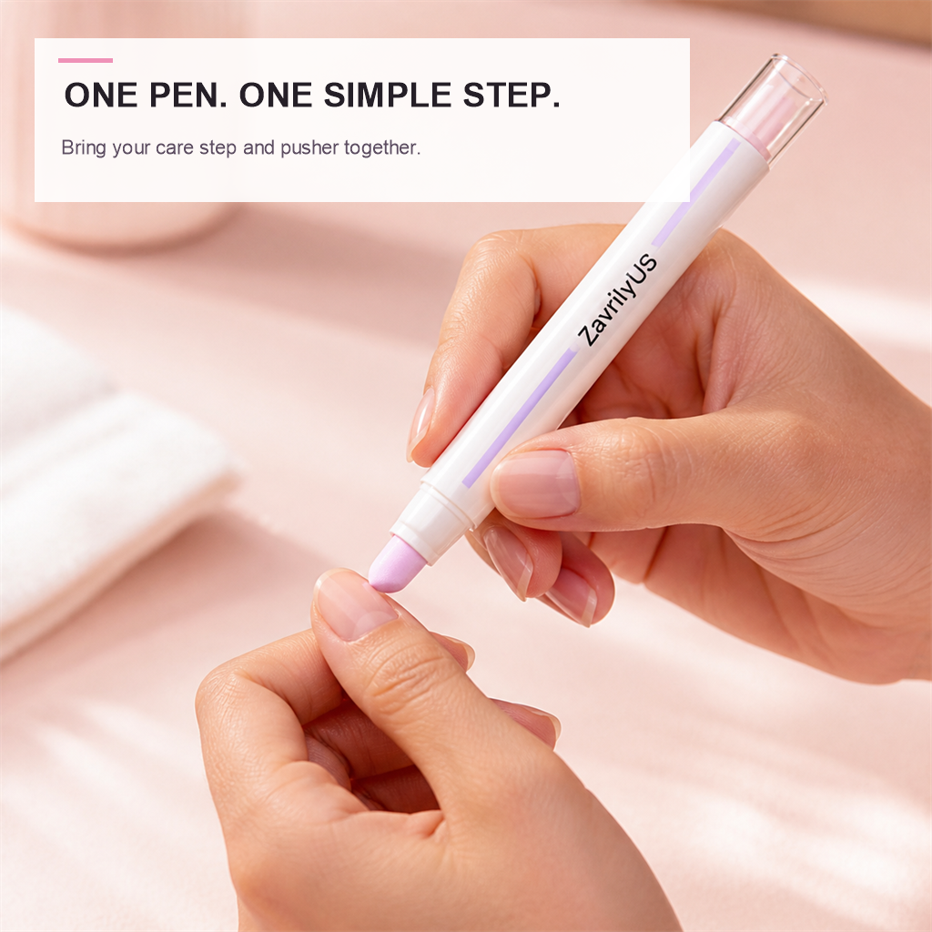 ZavrlyUS cuticle oil pusher pen shown during a nail-care routine