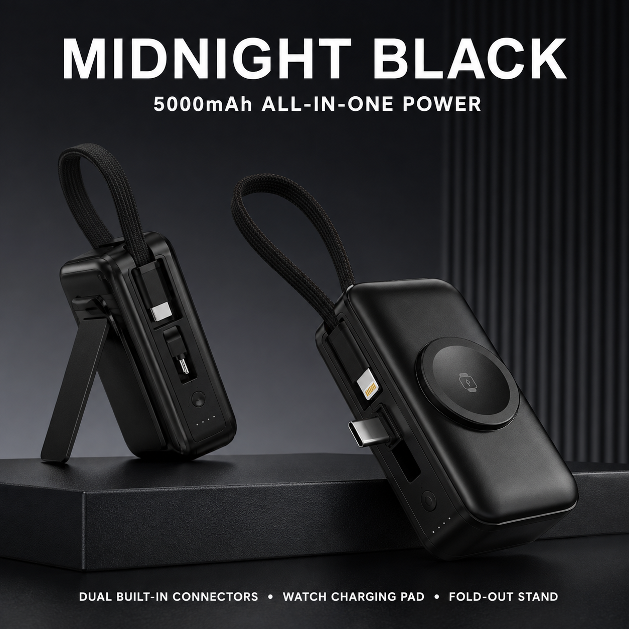 5000mAh 3-in-1 Mini Power Bank | Built-In Dual Connectors + Watch Charger + Phone Stand