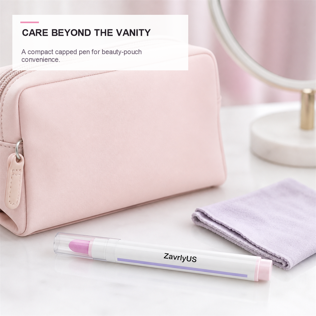 Capped ZavrlyUS cuticle care pen in a compact beauty routine setting