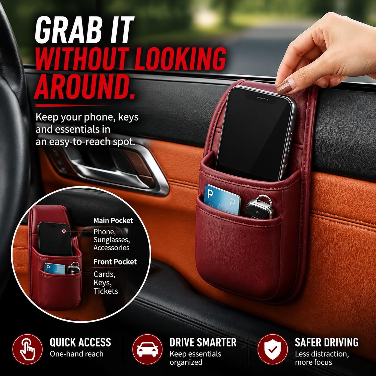 📱 Car Phone Storage Pocket – Slim Organizer for Phones, Keys & Cards