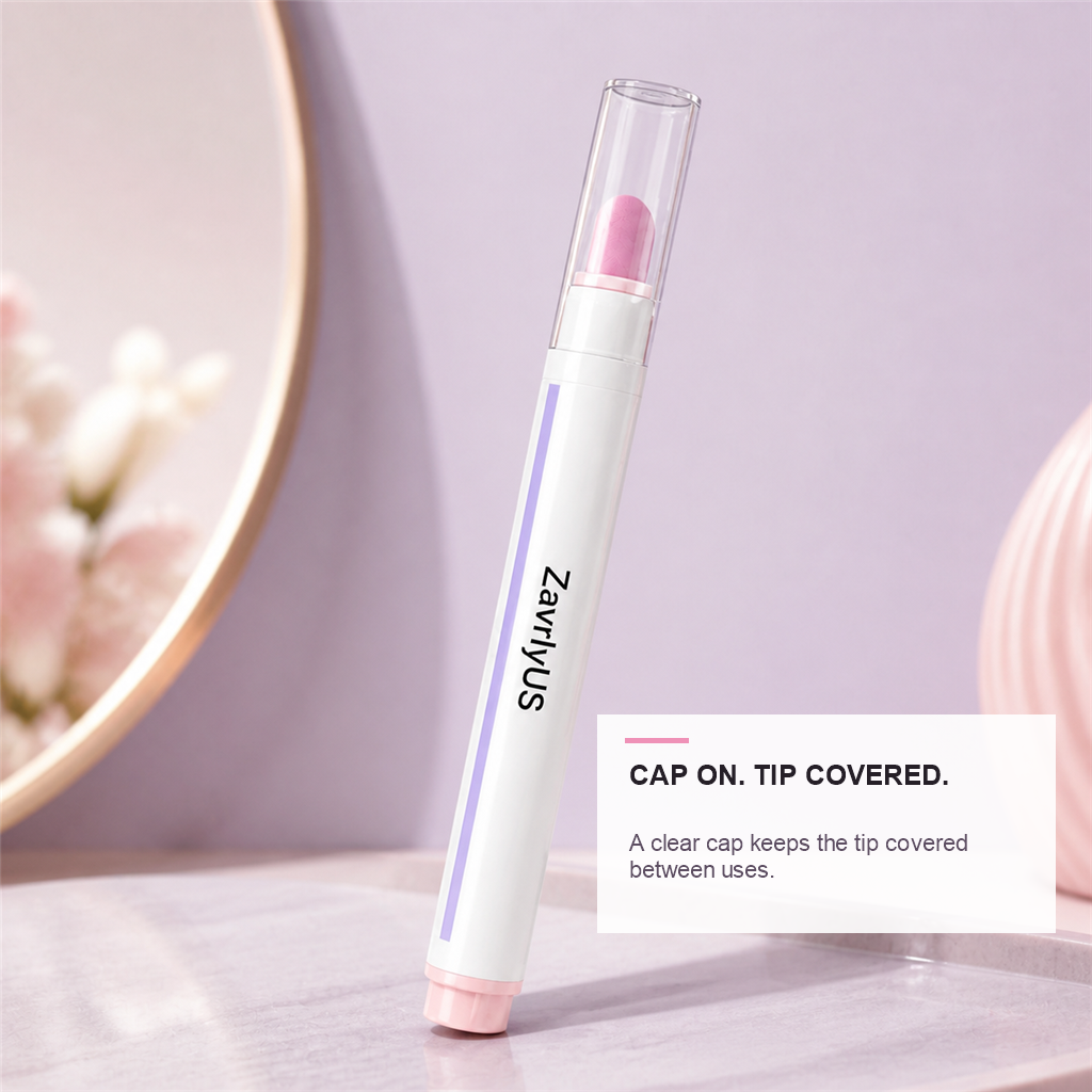 ZavrlyUS cuticle care pen with clear cap covering the pink ceramic tip