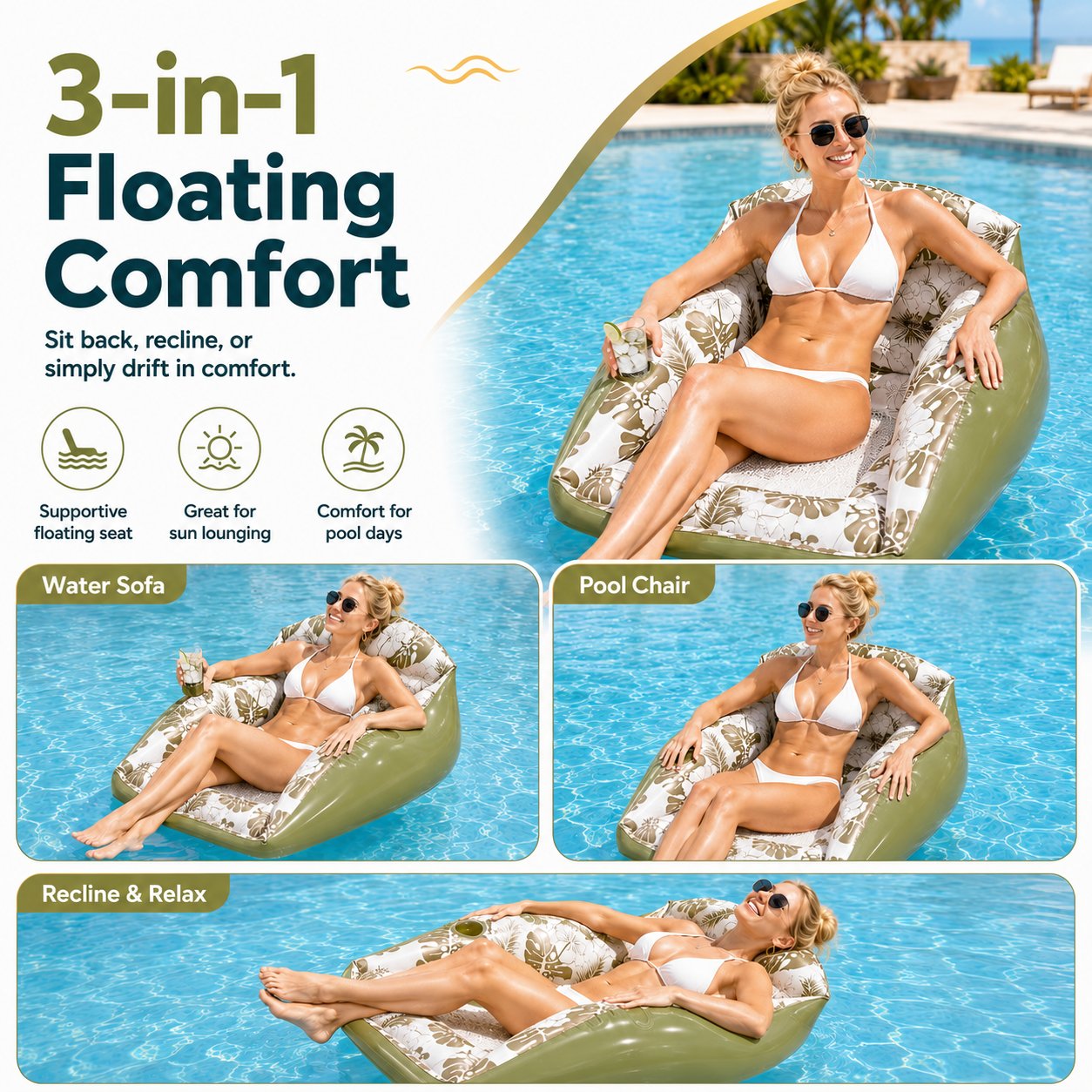 🛋️ 3-in-1 Inflatable Pool Lounge Chair（Includes Air Pump）