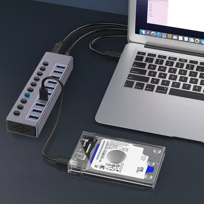 Powered 10-Port USB 3.0 Hub, USB C to 10 Ports USB Data Hub Splitter with Individual LED On/Off Switche, 3.3FT Cable, 12V/3A Power Adapter