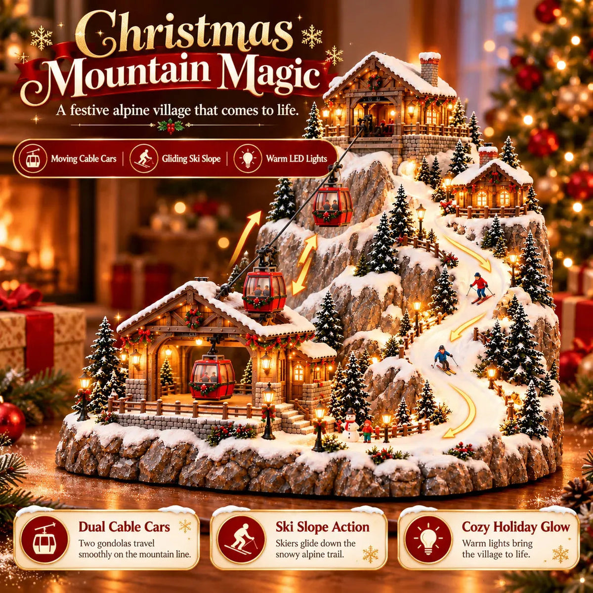 Animated ChristmasMountain Cable Car & SkiVillage Scene⛷️