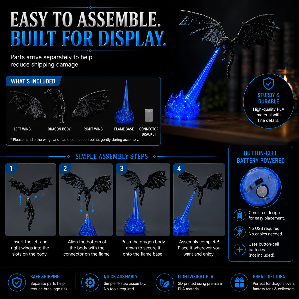 🔥 HOT SALE 🐉| 3D Fire-Breathing Dragon LED Display – Fantasy Bookshelf Decor with Glowing Flame
