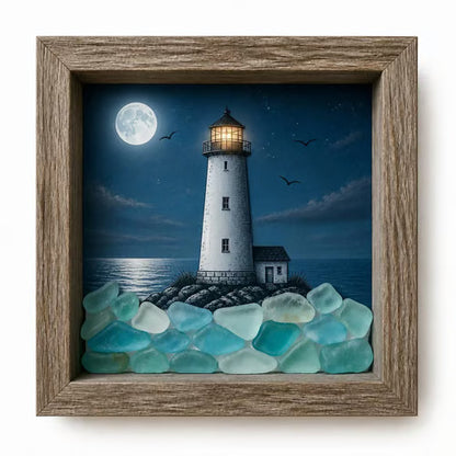 ⭐ Coastal Lighthouse Sea Glass Shadow Box Light | Nautical Wooden Frame LED Night Lamp