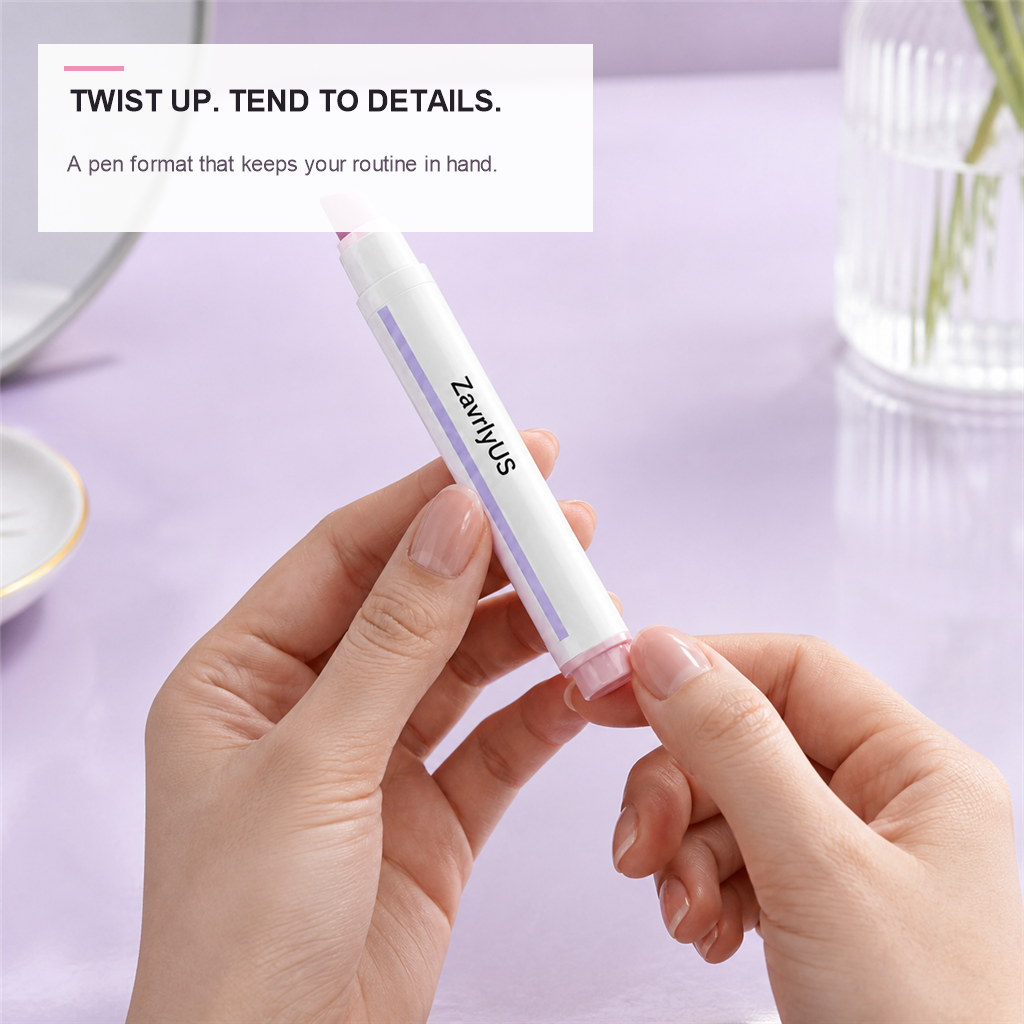 Hands holding the ZavrlyUS twist-up cuticle care pen