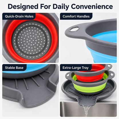 Collapsible Colander Set of 3 – Space-Saving Strainers with Draining Base | Small Medium Large
