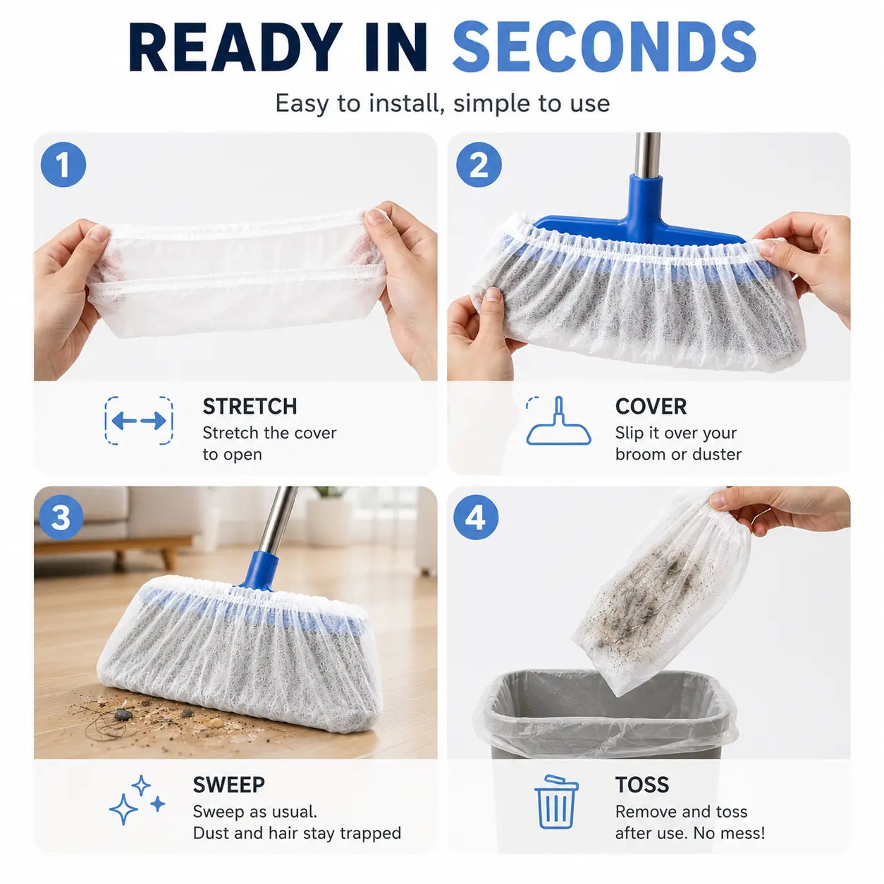 Disposable Broom Dust Covers, Non-Woven Dust Catcher for Standard Brooms