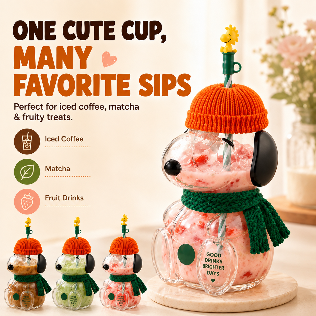 🥤 FALL FAVORITE   | Cute Character Cold Cup – 🎁3D Glass Tumbler with Straw for Iced Coffee, Matcha & Cold Drinks