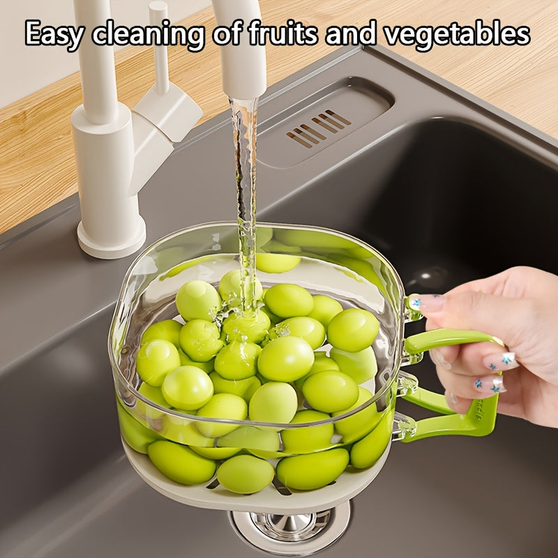 2-in-1 Double-Layer Kitchen Drain Basket, Foldable Handle Colander & Strainer Bowl, Multi-Functional Fruit Vegetable Washing Basin, Refrigerator Storage Organizer with Lid, Portable Food Basket for Picnic, Camping