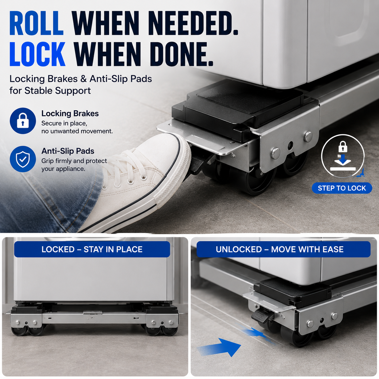 🛠️2-Pack Telescopic Appliance Dolly, Lockable Wheels, 4cm Low Profile, 44.6–70cm Fit