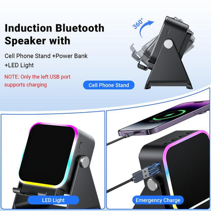 🔥🎶📱  5-in-1 Wireless Induction Bluetooth Speaker with Adjustable Phone Stand