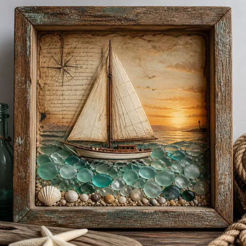 ⭐ Coastal Lighthouse Sea Glass Shadow Box Light | Nautical Wooden Frame LED Night Lamp