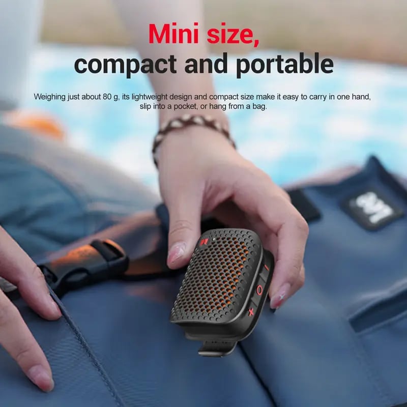 Portable Clip-On Bluetooth Speaker – Ultra-Light Wearable Sound with IPX7 Waterproof Protection