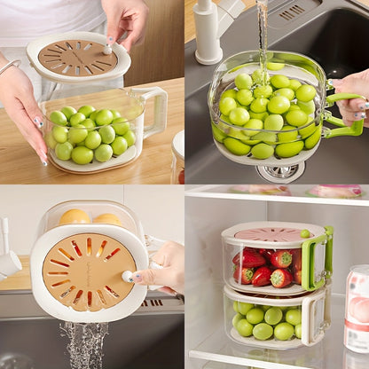 2-in-1 Double-Layer Kitchen Drain Basket, Foldable Handle Colander & Strainer Bowl, Multi-Functional Fruit Vegetable Washing Basin, Refrigerator Storage Organizer with Lid, Portable Food Basket for Picnic, Camping