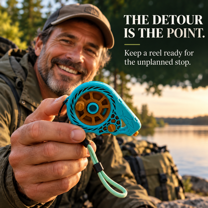 Outdoorsman showing pocket reel by the lake