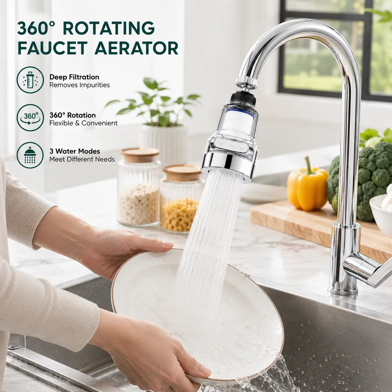 360° Rotating Faucet Aerator Filter, 6-Layer Filter with 3 Water Modes（ Includes 10 Replacement Filters ）